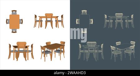 Vector wood Dining table restaurant cafe kitchen with different positions - transparent background Stock Vector