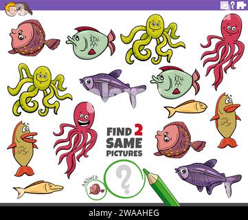 Cartoon illustration of finding two same pictures educational game with marine animal characters Stock Vector