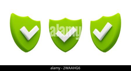 Set of Green Shield with White Checkmark, Symbolizing Security, Protection, and Verification Stock Vector