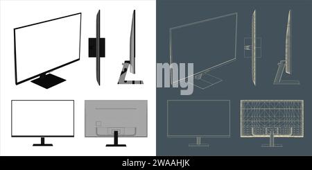 Computer monitor led wire frame blueprint concept for gaming and working. Vector illustration Stock Vector