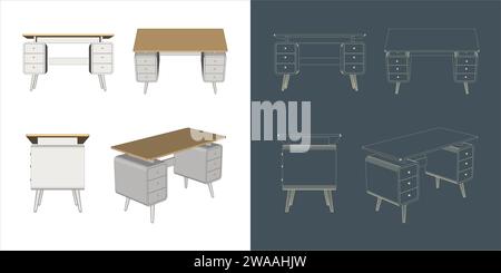 Set of working table wireframe furniture vector for work, study, design and learning Stock Vector