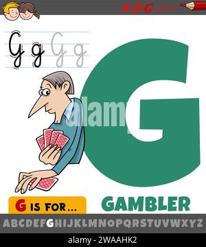 Educational cartoon illustration of letter G from alphabet with gambler character Stock Vector