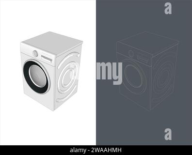 Vector Washing machine wireframe blueprint mockup isolated on white background. Modern, realistic 3d illustration of home appliances Stock Vector