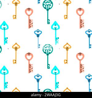 Seamless Pattern retro and modern Key vector illustration. Vector illustration of antique and modern keys with different figures and shapes. Different colors of keys.  Stock Vector