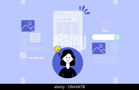Vector illustration of web designer, content creation and management. Creativity and design. Ux design, creative project management. Stock Vector