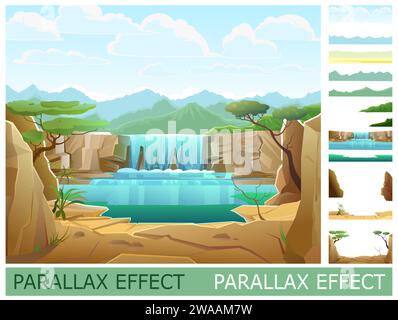 Waterfall and lake among rocks. Set of slides for parallax effect. Funny cartoon style. Picture vector Stock Vector