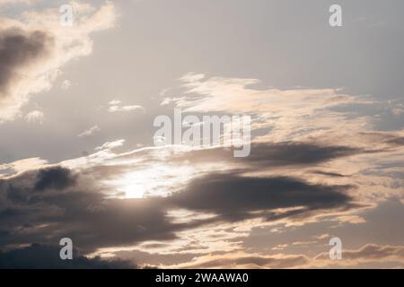 Colorful sunset with clouds in the evening, Fantastic view of the dark overcast sky. Dramatic and picturesque morning scene, Panorama of a textured pu Stock Photo