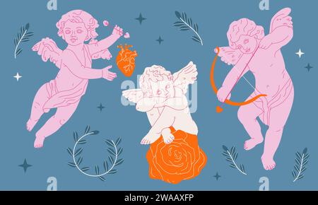 Various flying angels with abstract heart, arrows,bow,rose collection.Cupids or cherubs, wreath,hearts.Template for card,poster,banner,print Stock Vector