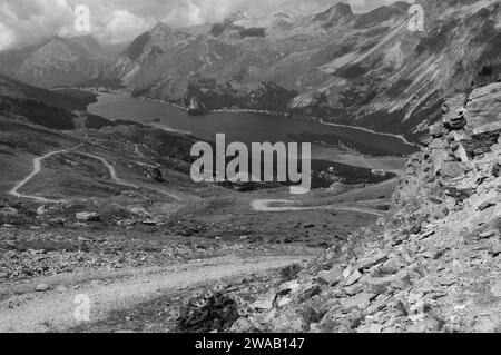 Beautifull glacier-mountain lake Silvaplana seen from Furtschella in the swiss alps of the upper Engadin. Stock Photo