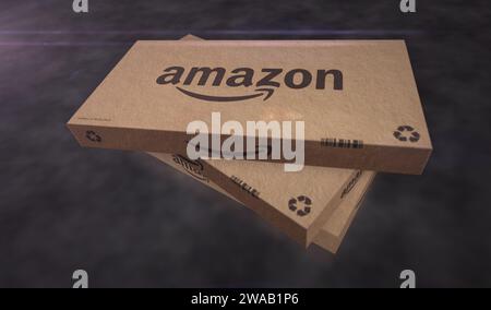 Poznan, Poland, January 2, 2024: Amazon e-commerce box production line. E-business and online retail company. Cardboard pack factory. Abstract concept Stock Photo