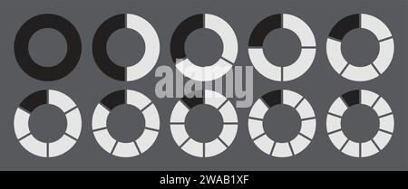 Hollow circle divided into 1-10 parts icon set. Hollow circle segment diagram in 1-10 parts graph icon pie shape section chart in black-white color. Stock Vector