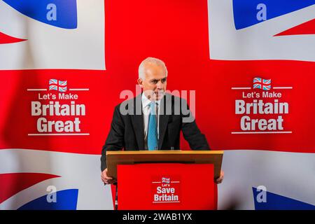 London, UK. 3rd Jan, 2024. Ben Habib, deputy leader and candidate for the MP of Wellingborough - 2024 will be the year of the General Election. Richard Tice the leader of Reform UK announces some key strategic policies at their New Year Press Conference at The Conrad Hilton, London. 2024 will be the year of the General Election. Credit: Guy Bell/Alamy Live News Stock Photo