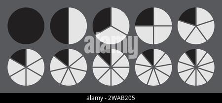 Circle divided into 1-10 parts icon set.  Full circle segment diagram in 1-10 parts graph icon pie shape section chart in black and white color. Stock Vector