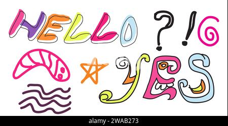 trendy typography HELLO and YES cute and aesthetic naive abstract shape sticker text element. outline elements Stock Vector