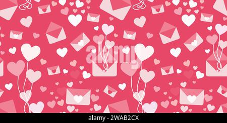 Seamless pattern with Envelope and Love message, Heart Balloons. Flat vector Cartoon illustration for Valentines day, wedding, Greeting Card. Color Ba Stock Vector
