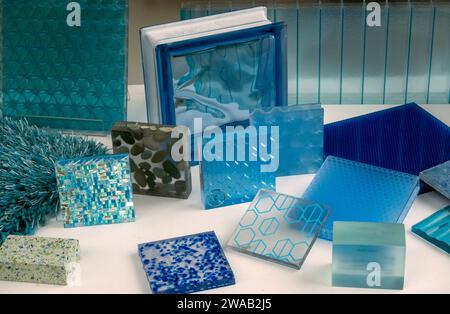 different kinds of glass in a window at RISD campus store in Providence Rhode Island Stock Photo