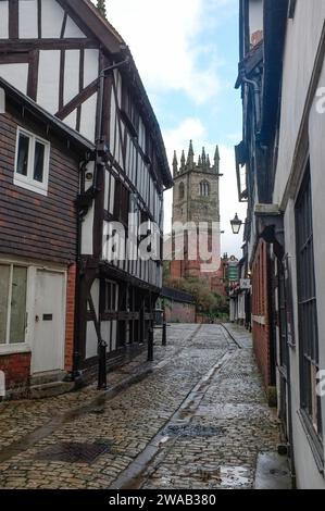 St Julians Church, Medieval, Post-Medieval Tudor timber framed buildings on Fish Street in The Historic Market Town of Shrewsbury, Shropshire, England Stock Photo