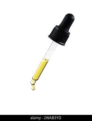 Dropper with cosmetic oil drop isolated on white background. Abstract drop of skin care oil. Stock Photo