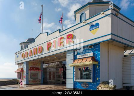 The entrance to Grand Pier at the seaside town of Weston-super-Mare, North Somerset, England. Stock Photo