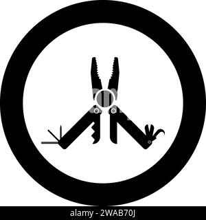 Multitool multifunctional instrument with pliers saw knife razor hexahedron opener awl utility multipurpose tool camping kit pocket icon in circle Stock Vector