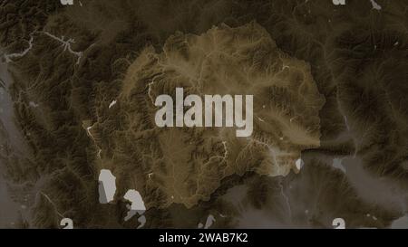 North Macedonia highlighted on a elevation map colored in sepia tones with lakes and rivers Stock Photo