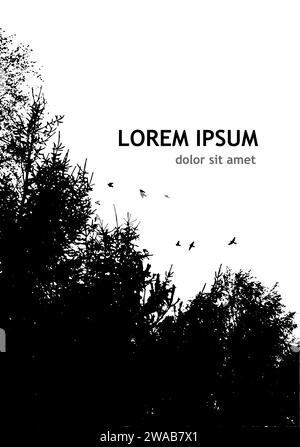 Silhouette of birds flying from the trees. Vector illustration. hand drawing. Not AI Stock Vector