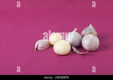 Thailand Organic Garlic Tone healthy food ingredient rustic violet background Stock Photo