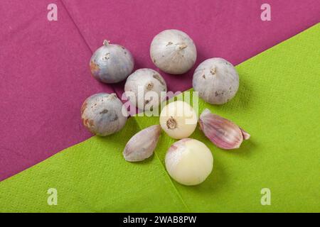 Thailand Organic Garlic Tone healthy food ingredient rustic violet background Stock Photo