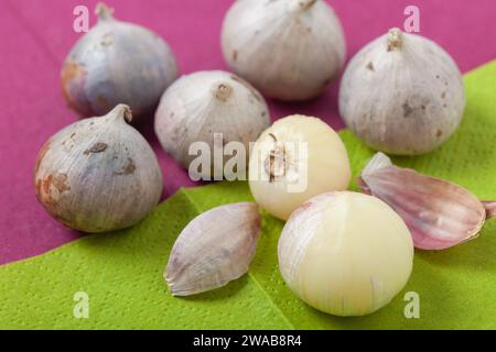 Thailand Organic Garlic Tone healthy food ingredient rustic violet background Stock Photo