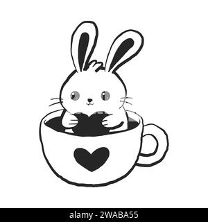 Cute rabbit in tea coffee cup. Cute, funny animal pet character for Valentines day concept. Linear vector black and white illustration Stock Vector