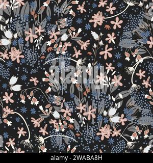 Wildflowers on black background. Floral seamless pattern. Stock Vector
