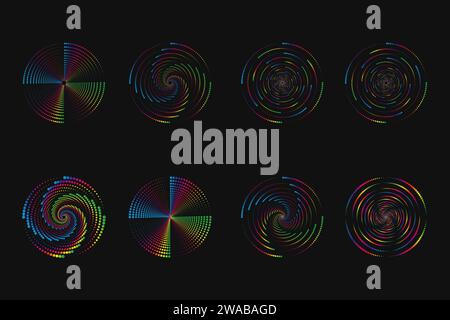 Dot vortex halftone set on dark. Abstract futuristic digital technology logo elements. Vector geometric shapes Stock Vector