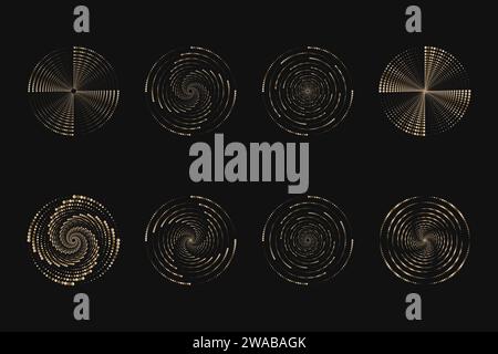 Dot vortex halftone set on dark. Abstract futuristic digital technology logo elements. Vector geometric shapes Stock Vector