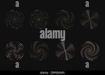 Dot vortex halftone set on dark. Abstract futuristic digital technology logo elements. Vector geometric shapes Stock Vector