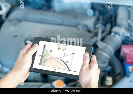 Automotive mechanic using tablet to checking engine in the engine room, check the mileage of the car, oil change, auto maintenance service concept. Stock Photo