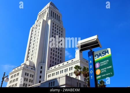 Los Angeles, California: Los Angeles LADOT Transit DASH Bus Stop near Los Angeles City Hall Stock Photo