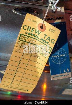 Vintage 1970s Pan American World Airways crew tag on a Zero Halliburton Aluminum Hard Suitcase Stock Photo