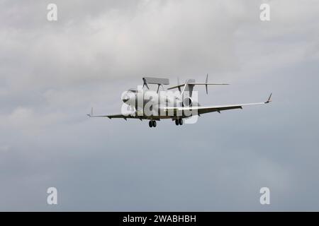 Saab GlobalEye Bombardier Airborne Early Warning Aircraft SE-RMS arrives at RAF Fairford to participate at  the International Air Tattoo Stock Photo