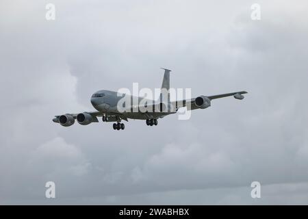 Metrea Strategic Mobility Boeing KC-135 Stratotanker Air-t-Air refueling aircraft N572MA arrives at RAF Fairford in England to participate in the RIAT Stock Photo