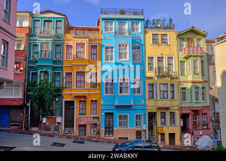 Istanbul, Turkey Colorful houses in the streets of Balat. Four story narrow apartments all brightly painted Stock Photo