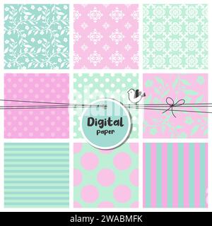 Digital papers, Set of seamless patterns, flowers, dots, stripes, square swatches Stock Vector