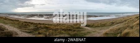 Panoramic view the dunes, the beach, the sea, the oyster park and the Senequet lighthouse Stock Photo