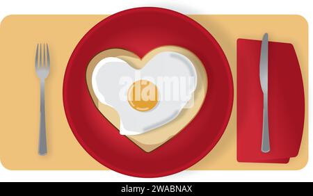 Special Valentine’s Day breakfast, heart-shaped egg on vibrant red plate Stock Vector
