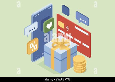 Isometric Online Shopping Store on Website and Mobile Phone design. Payment Approved, online card Payment, Online Marketing Smartphone device with Stock Vector