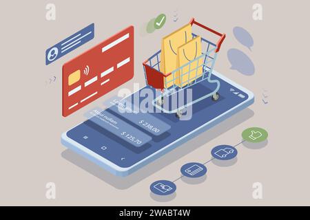 Isometric Online Shopping Store on Website and Mobile Phone design. Payment Approved, online card Payment, Online Marketing Smartphone device with Stock Vector