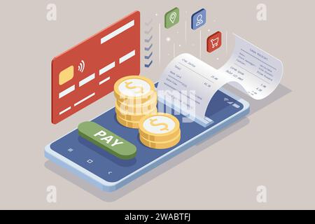 Isometric Online Shopping Store on Website and Mobile Phone design. Payment Approved, online card Payment, Online Marketing Smartphone device with Stock Vector
