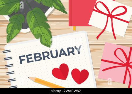 february written on spiral notebook, flat lay composition on wooden desk with presents, house plant, pencil and paper hearts; Valentine's Day concept Stock Vector