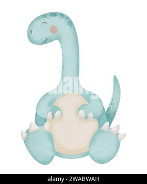 Dinosaur Diplodocus Watercolor illustration. Hand drawn clip art of blue Dino sitting on isolated background. Cartoon character for Baby. Painting of Stock Photo