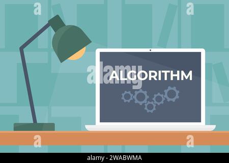 algorithm concept, laptop with gears on the screen - vector illustration Stock Vector