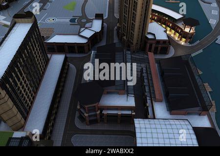 3d render building exterior shopping mall skyscrapers at night Stock Photo